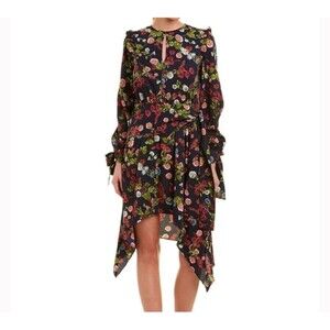 Walter Baker Andrea Dress Medium Floral Asymmetric Handkerchief Long Sleeve Navy